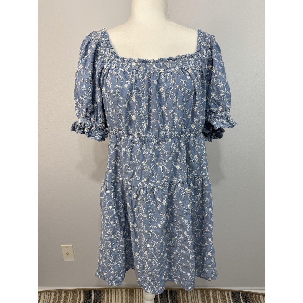 Old Navy Dress Women's Large Blue Embroidered Square Neck Peasant Boho